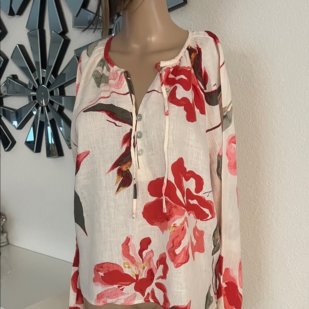 NWT Joie Women's Floral Blouse - Red and Cream 100% linen size M